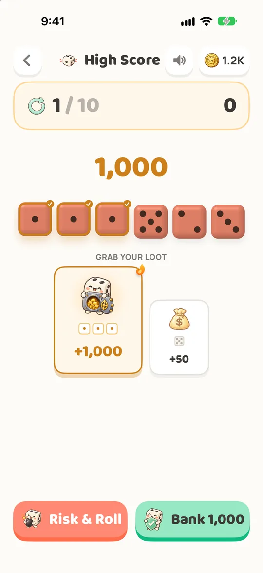 Three ruby 3D dice showing 1s, grabbed for 1,000 points