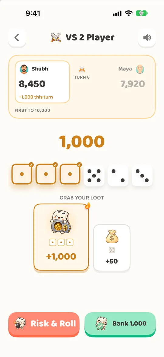 A two-player game, Shubh 8,450 against Maya 7,920